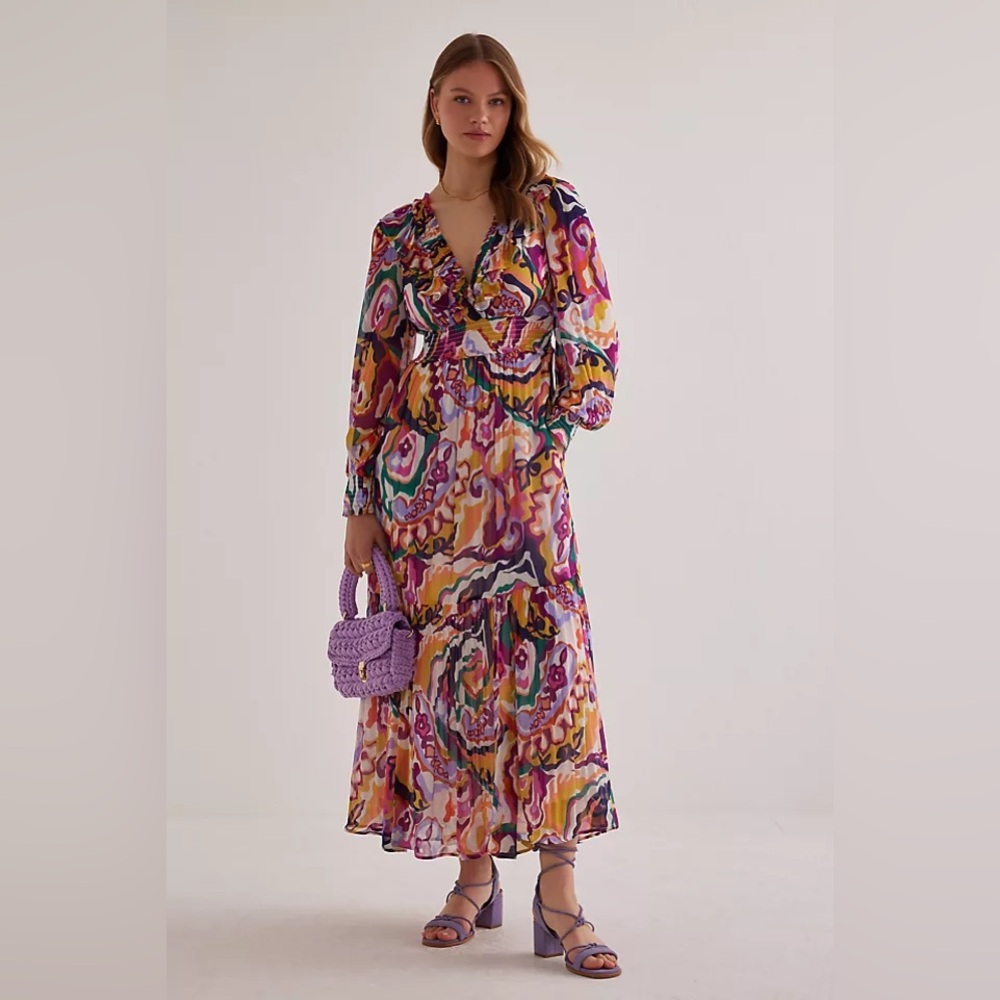 EUC Anthropologie Odetta Ruffled V-Neck Dress multicolor